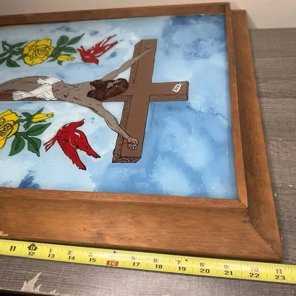 Vintage 1977 Attica Prison Inmate Folk Art Hand Painted Glass Jesus Crucifixion - Picture 16 of 16